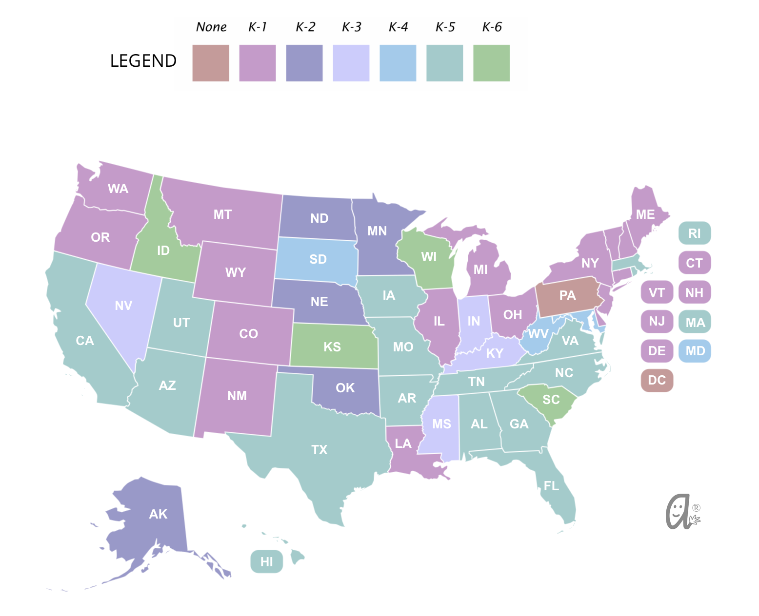 US map with legend for standards